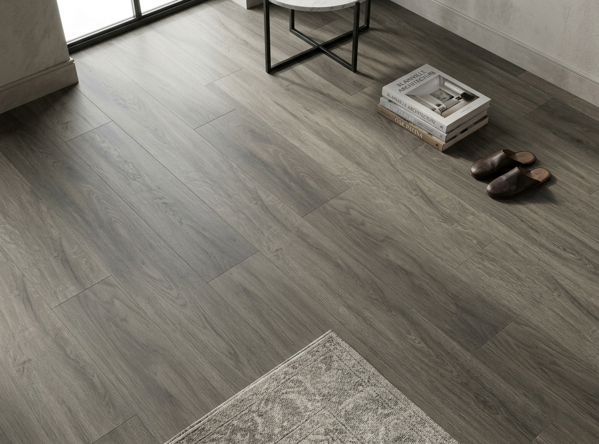 Congo SPC vinyl flooring, close view beside a side table, books and rug.