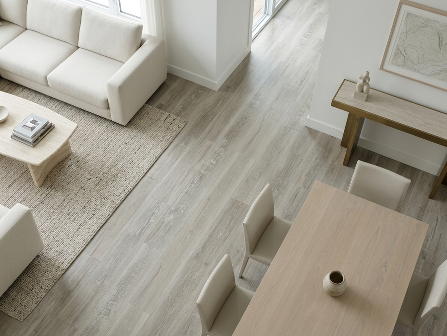 Dentine SPC vinyl flooring, shown between a white sofa and a dining table.