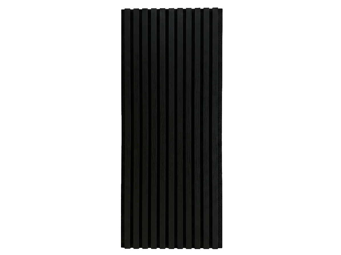 Night black wood slat acoustic panel, full front view.
