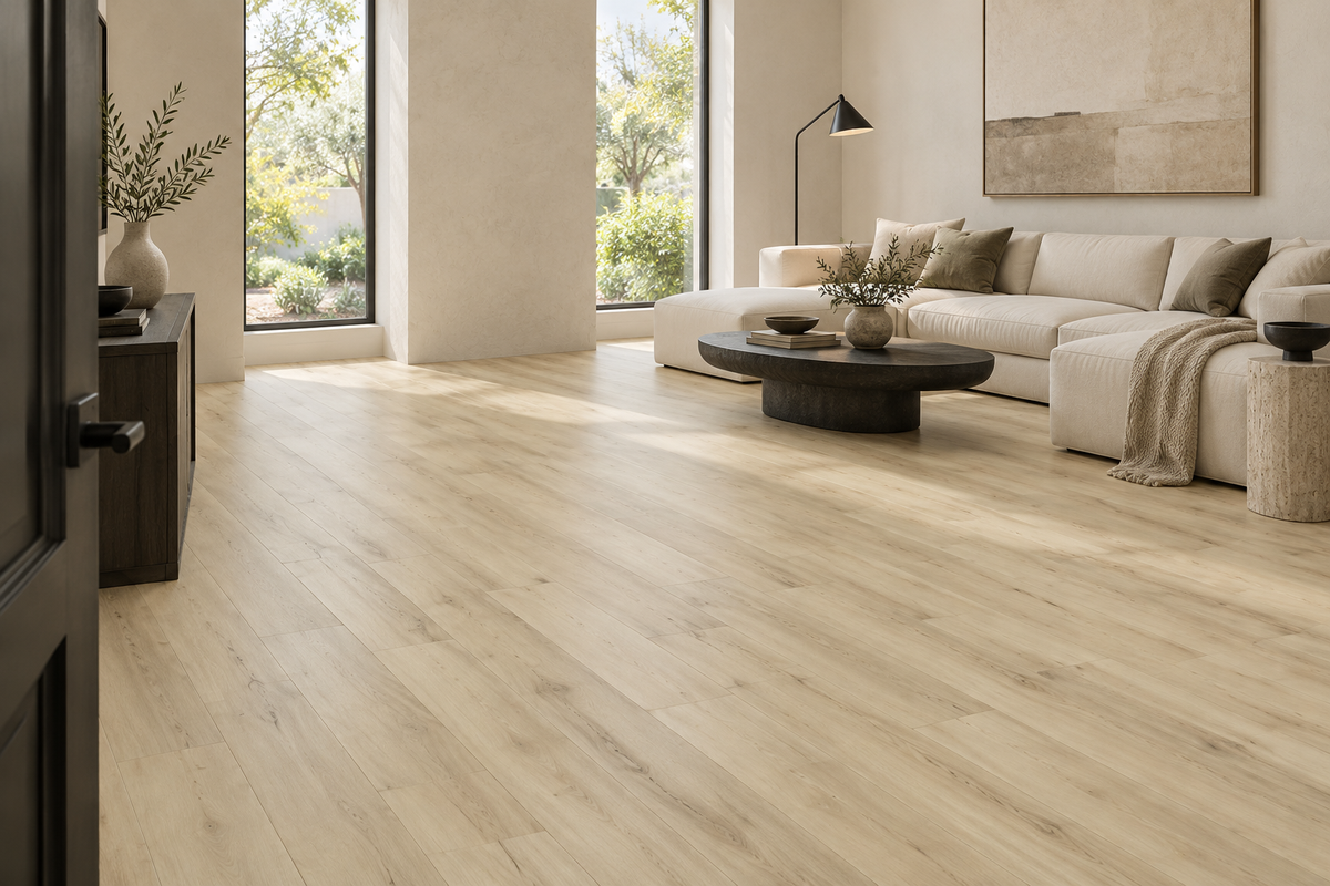 Maple Nature Light Waterproof SPC Vinyl Plank Flooring — TFSPC310-F — daytime living room. AI interior visualization based on original supplier finish photos.