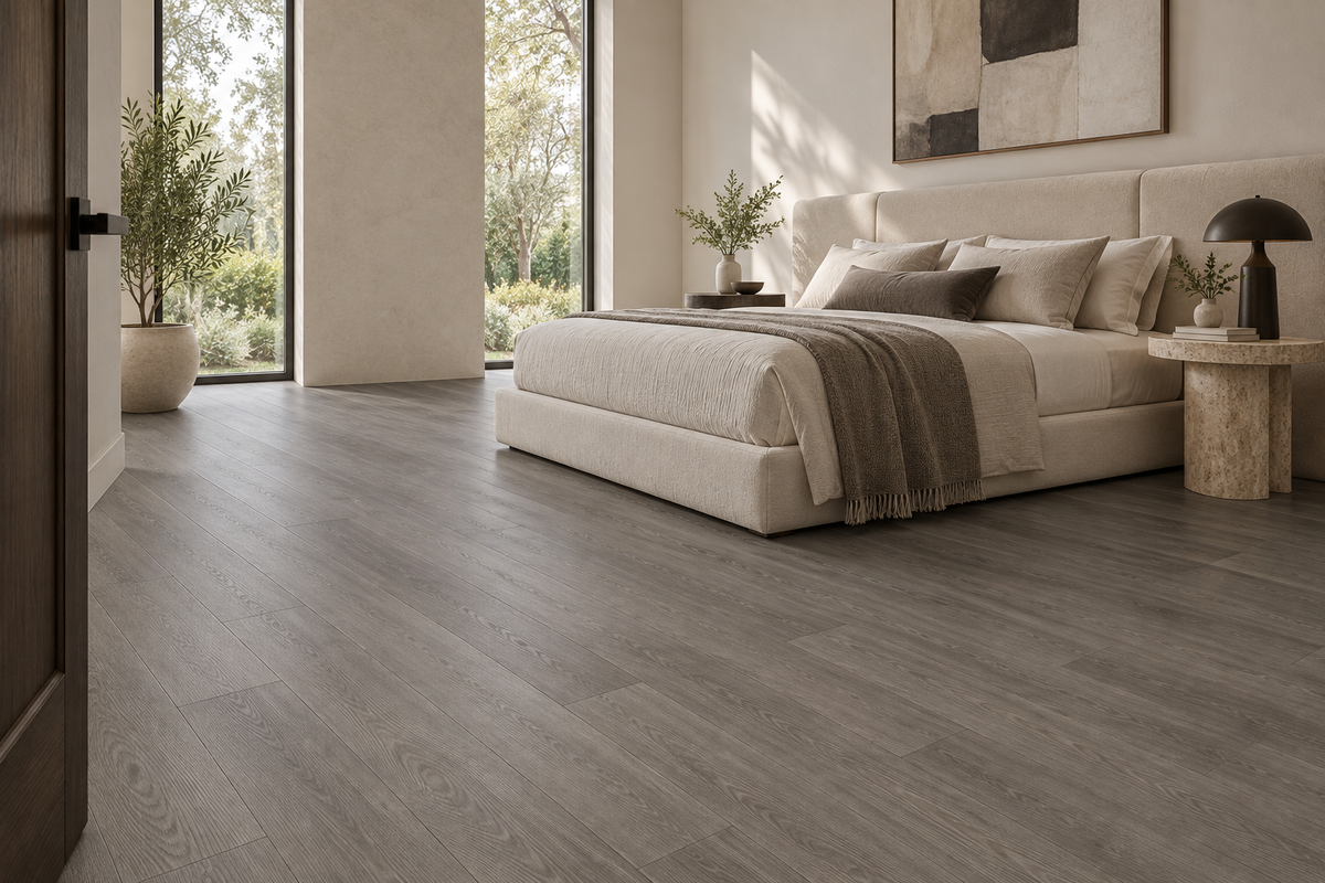 Mink Dark Brown Waterproof SPC Vinyl Plank Flooring — TFSPC261-F — daytime bedroom. AI interior visualization based on original supplier finish photos.
