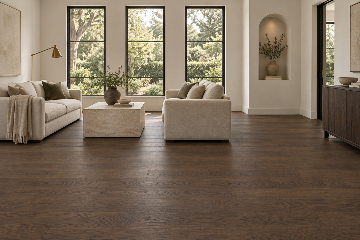 Shadow Engineered Hardwood Flooring — TCN106 — daytime living room. AI interior visualization based on original supplier finish photos.