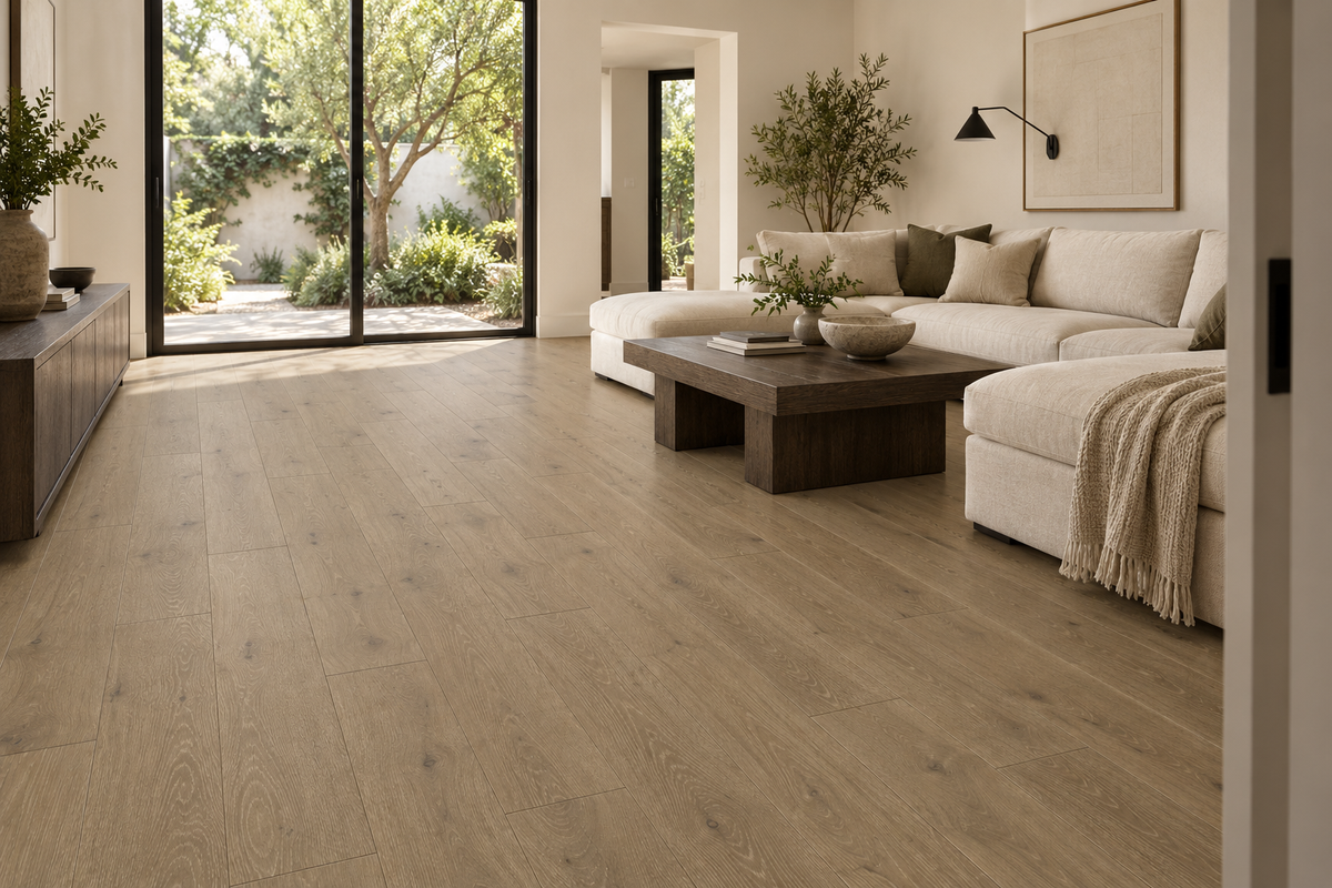 Hazelnut Engineered Hardwood Flooring — TCN204 — daytime living room. AI interior visualization based on original supplier finish photos.