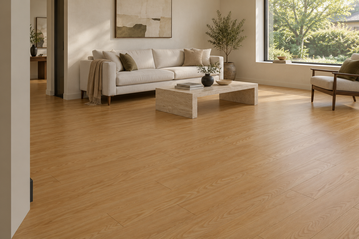 Nature Lite Laminate Flooring — TF1123-F — daytime living room. AI interior visualization based on original supplier finish photos.