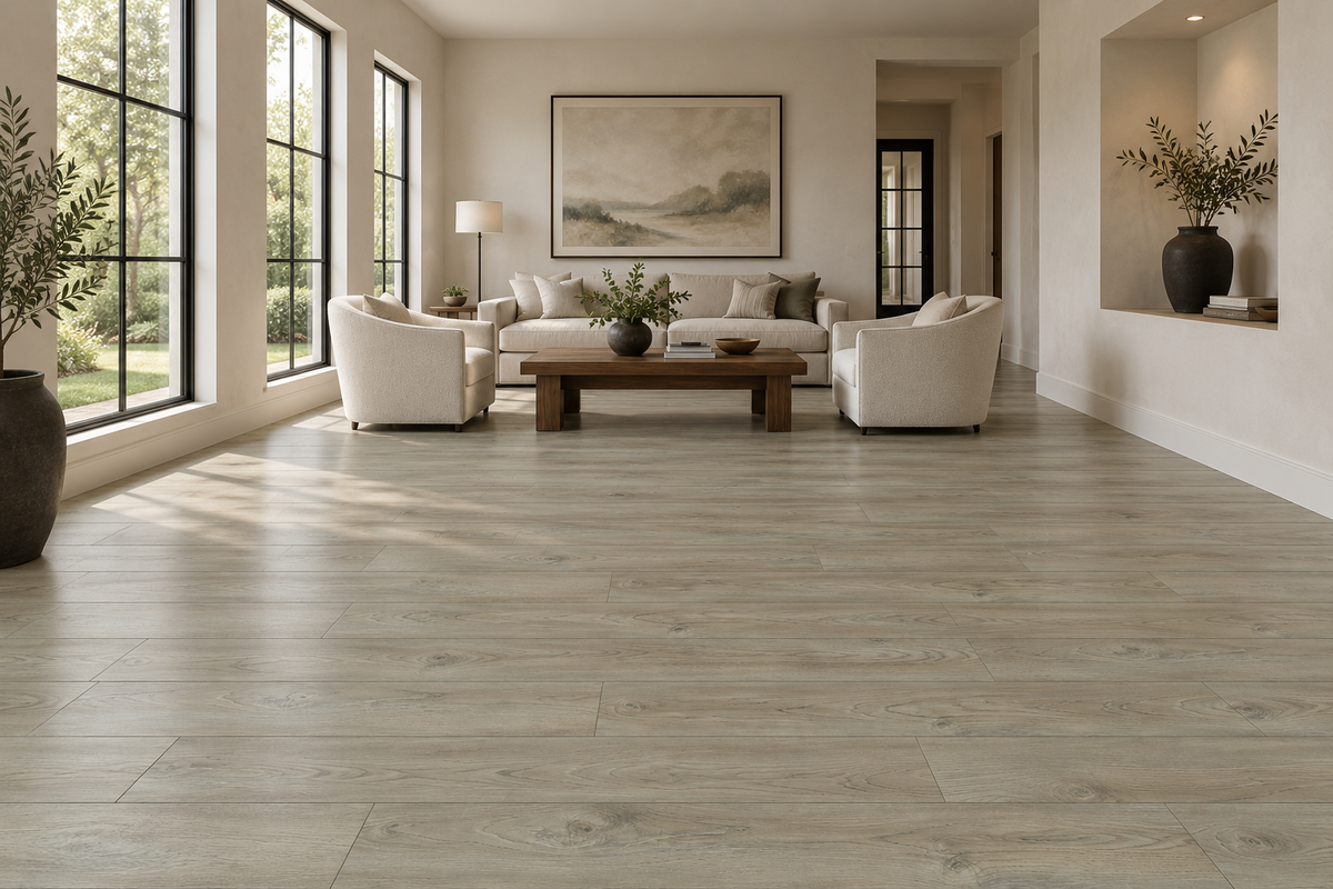 Toffee Laminate Flooring — TF6205-F — daytime living room. AI interior visualization based on original supplier finish photos.