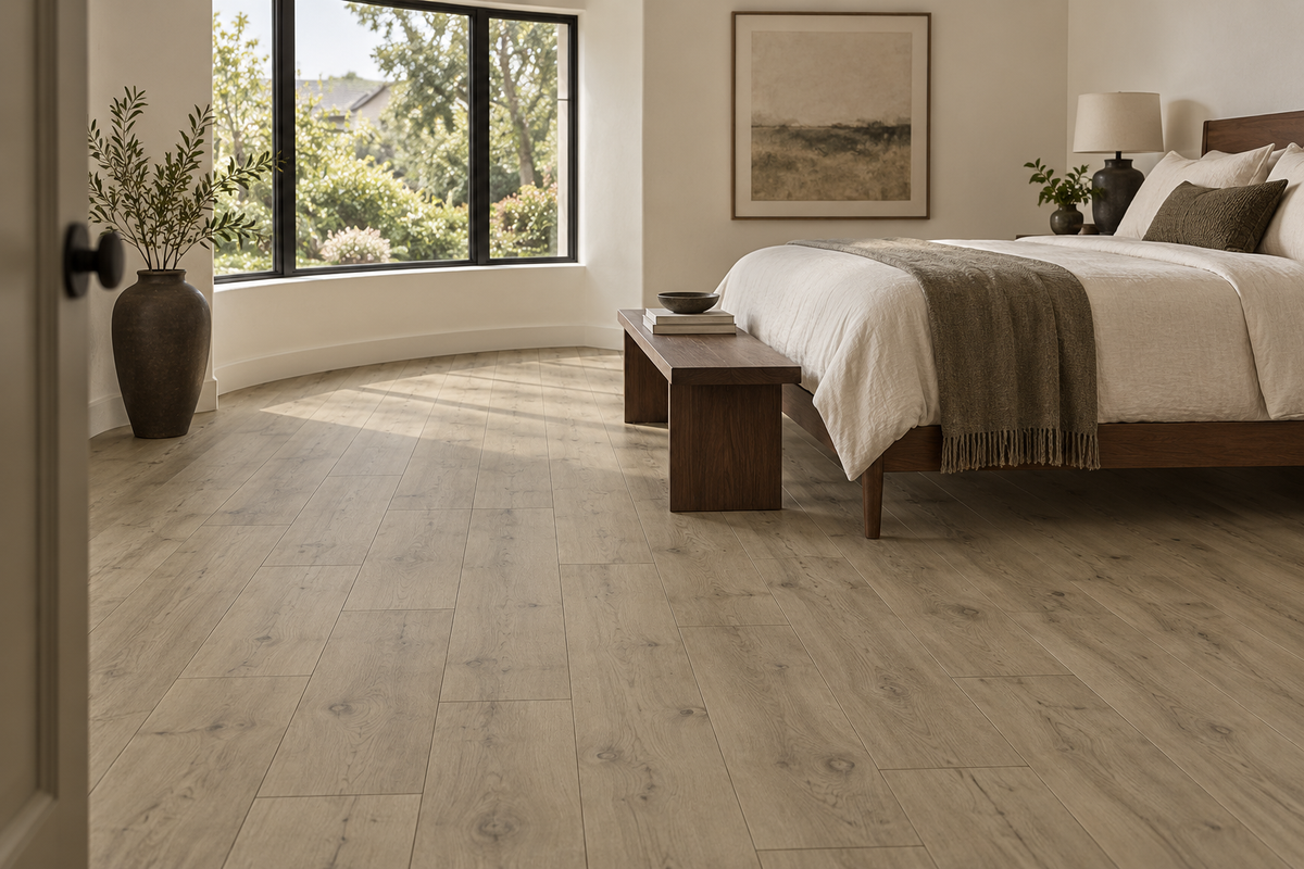Shore Laminate Flooring — TF6301-F — daytime bedroom. AI interior visualization based on original supplier finish photos.