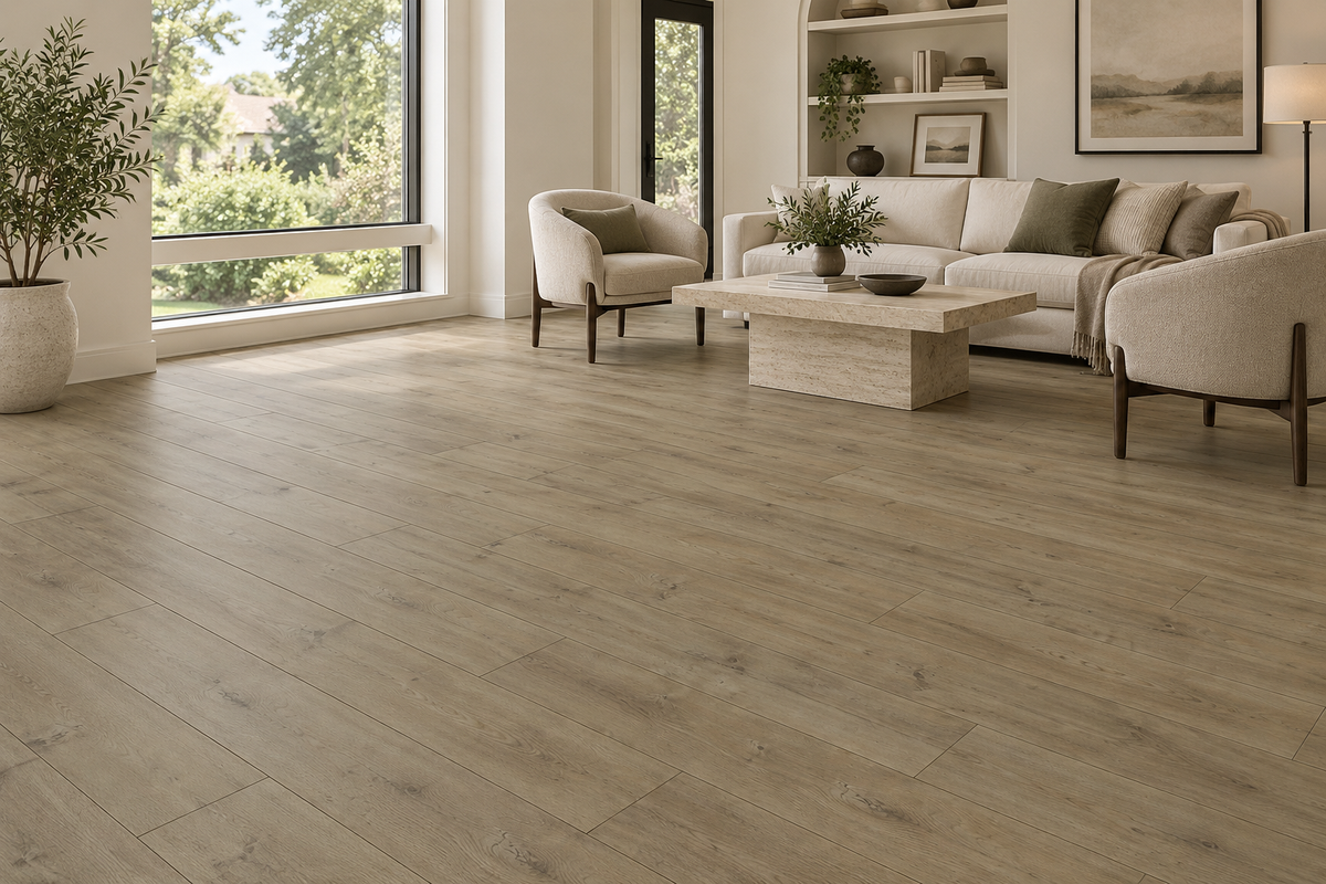 Shore Laminate Flooring — TF6301-F — daytime living room. AI interior visualization based on original supplier finish photos.