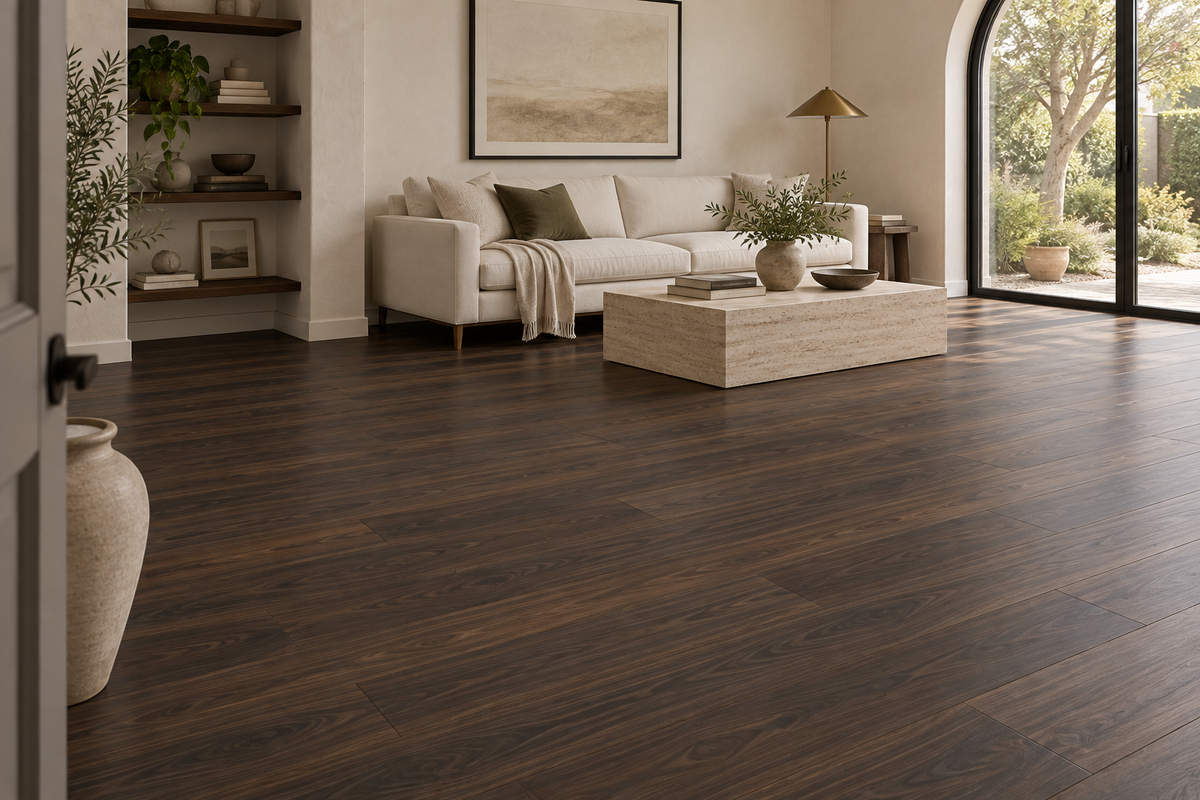 Mesilla Laminate Flooring — TF6601-F — daytime living room. AI interior visualization based on original supplier finish photos.