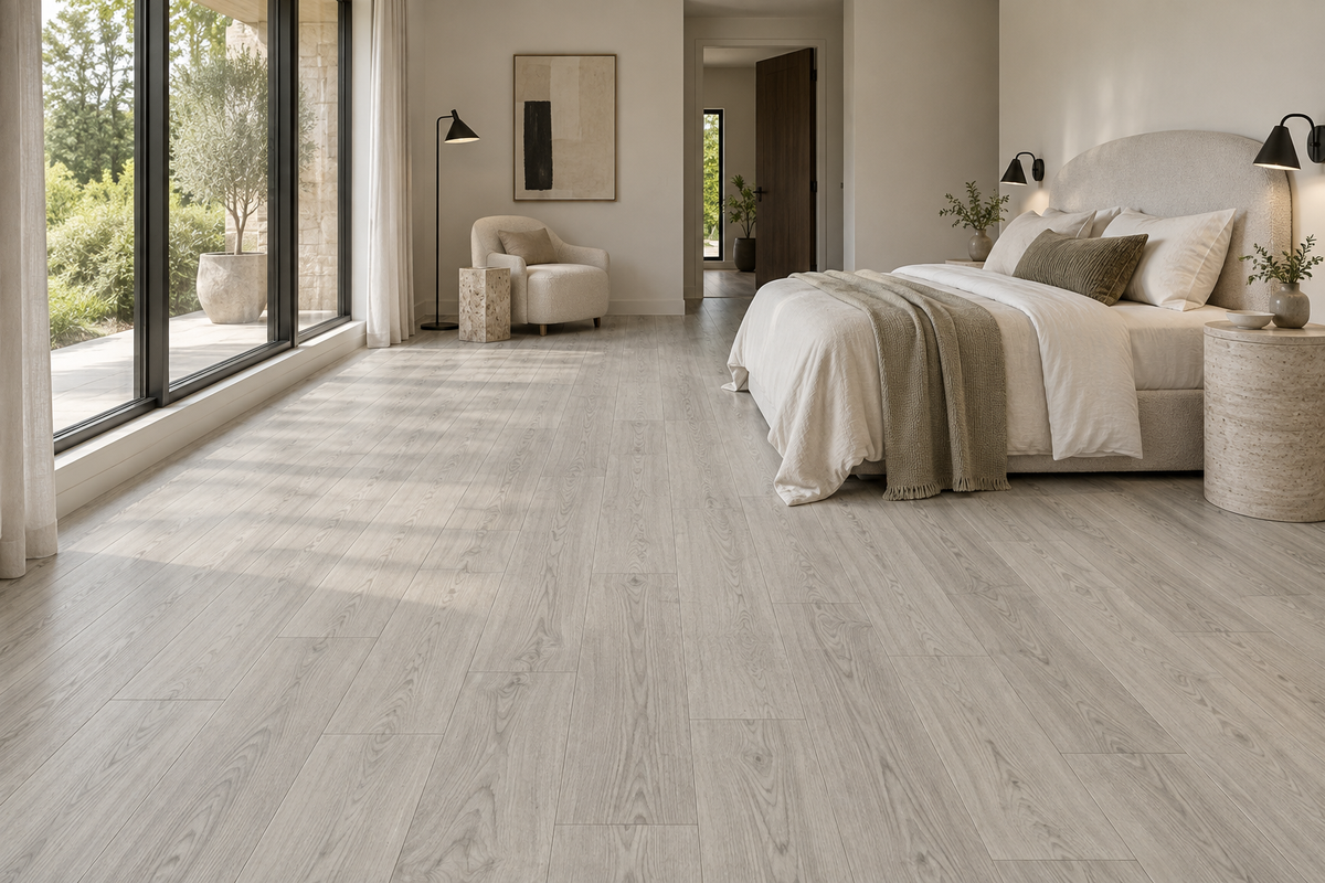 Roswell Laminate Flooring — TF6604-F — daytime bedroom. AI interior visualization based on original supplier finish photos.