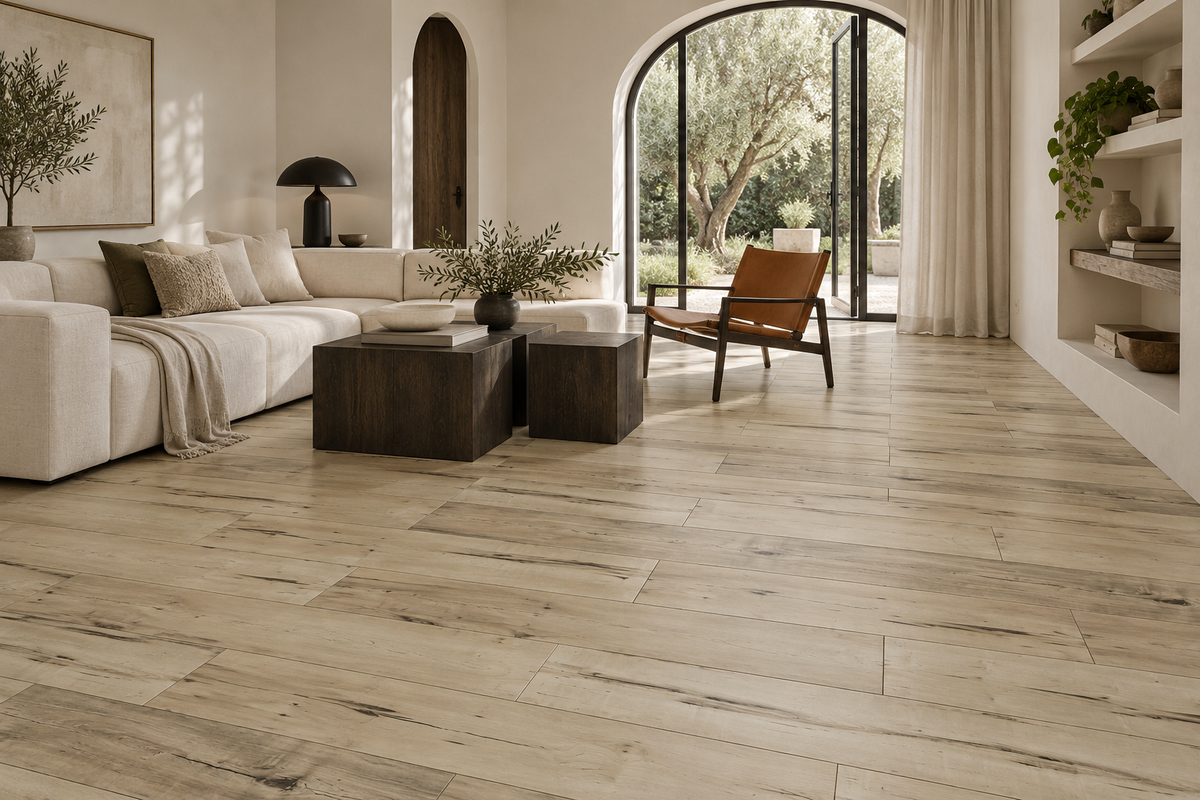 Advanced Nature Laminate Flooring — TF7007-F — daytime living room. AI interior visualization based on original supplier finish photos.