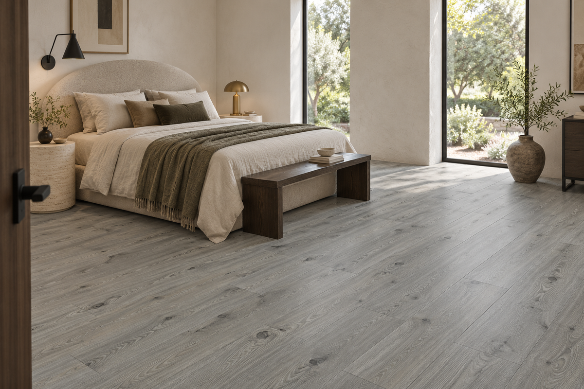 Summer Hare Laminate Flooring — TF8003 — daytime bedroom. AI interior visualization based on original supplier finish photos.