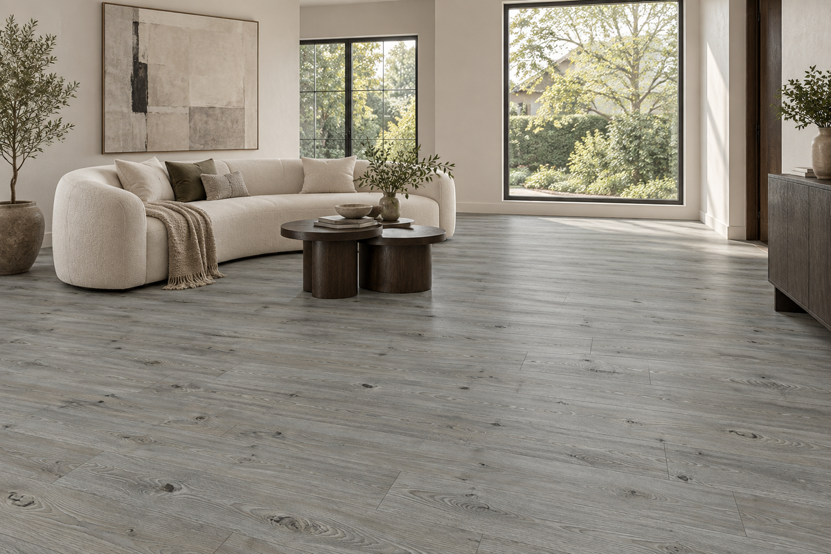 Summer Hare Laminate Flooring — TF8003 — daytime living room. AI interior visualization based on original supplier finish photos.