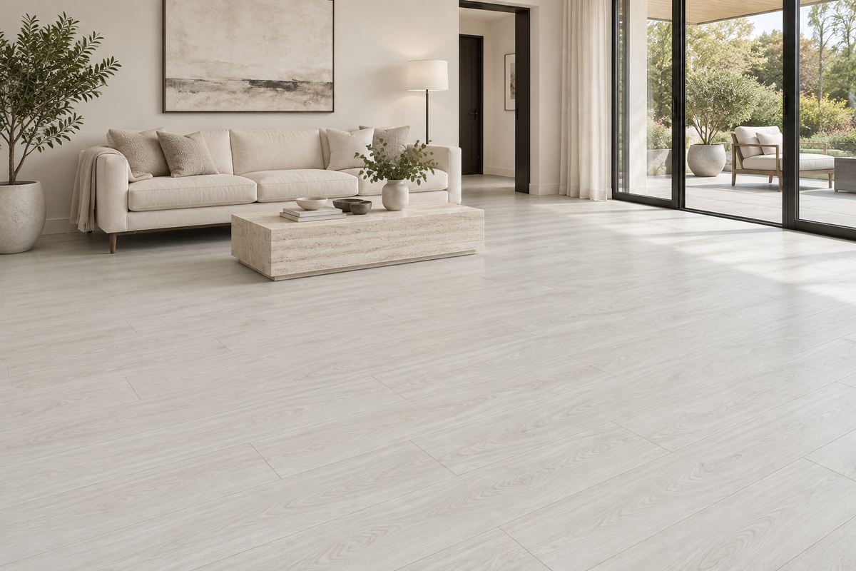 Arctic Hare Laminate Flooring — TF8301-F — daytime living room. AI interior visualization based on original supplier finish photos.