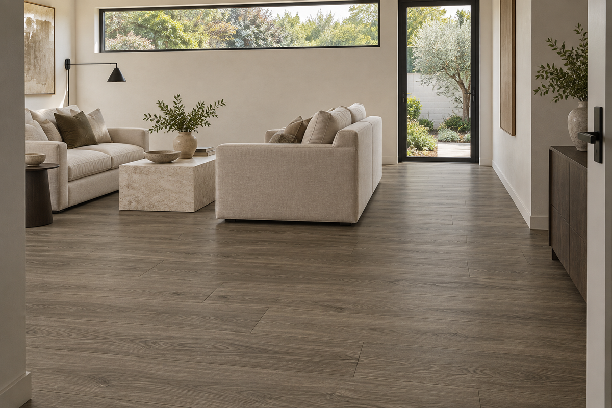 Beaver Laminate Flooring — TF8302-F — daytime living room. AI interior visualization based on original supplier finish photos.