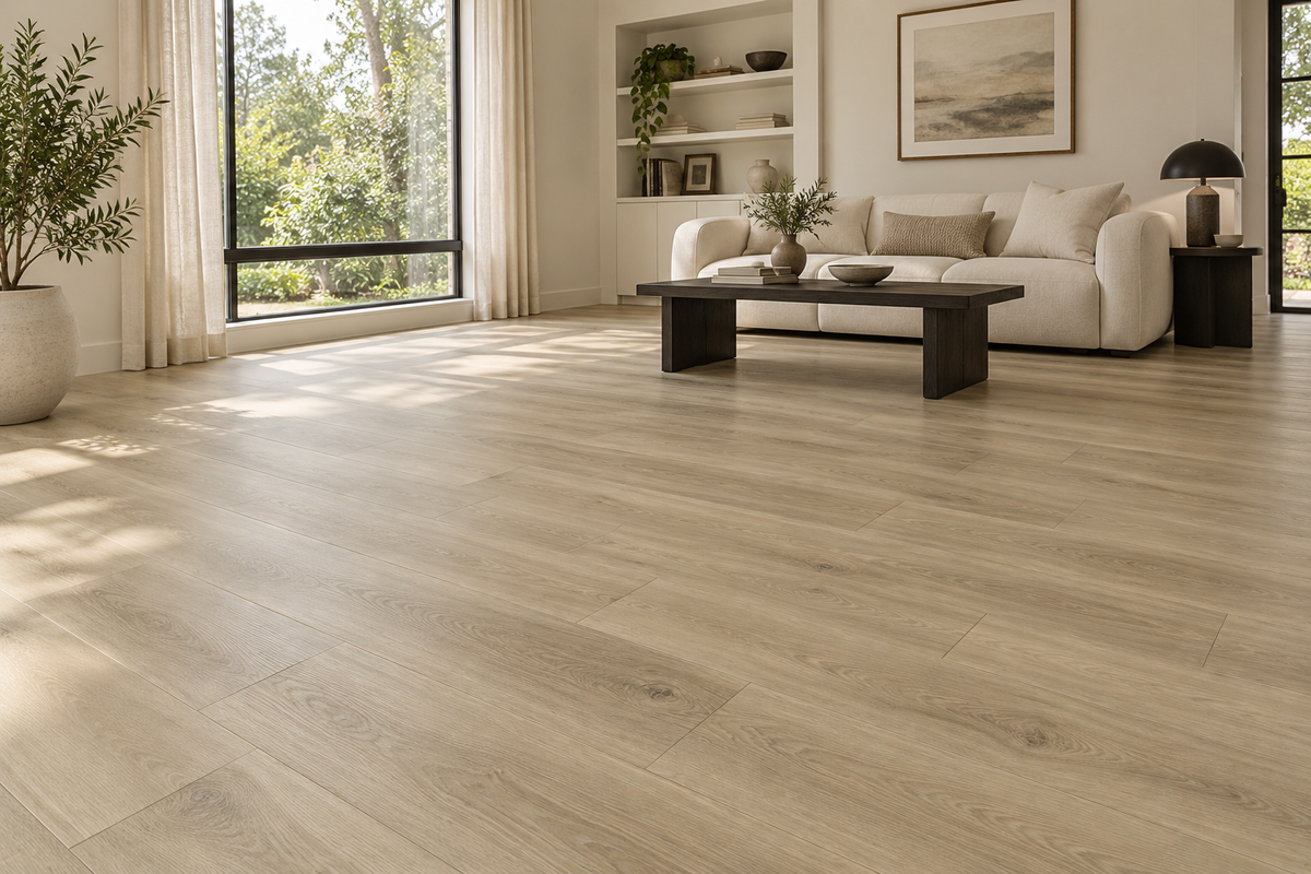 Synrgy SPC Vinyl Flooring — TFCET1007-F — daytime living room. AI interior visualization based on original supplier finish photos.