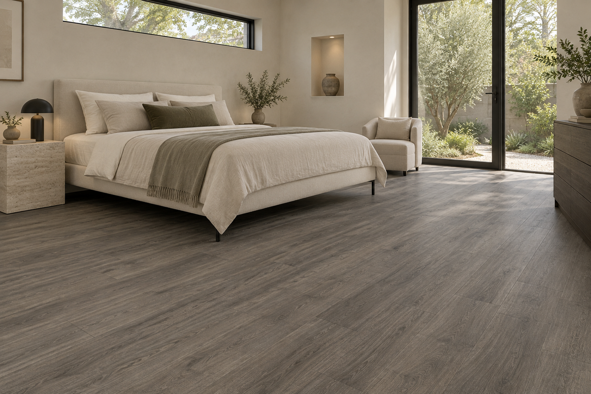 Toucan TFGD 202 Glue-Down Vinyl Flooring — TFGD 202 — daytime bedroom. AI interior visualization based on original supplier finish photos.