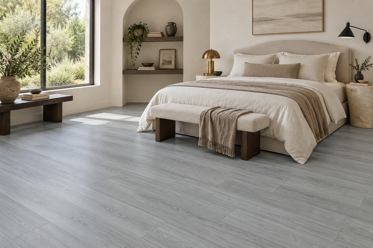Northern Fog Loose Lay Vinyl Flooring — TFL623 — daytime bedroom. AI interior visualization based on original supplier finish photos.