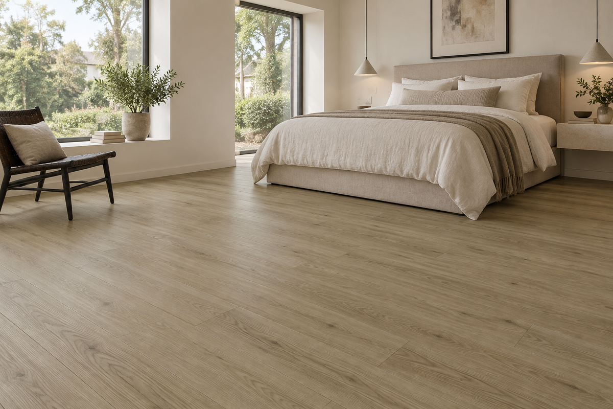 Whistler Pine Loose Lay Vinyl Flooring — TFL625 — daytime bedroom. AI interior visualization based on original supplier finish photos.