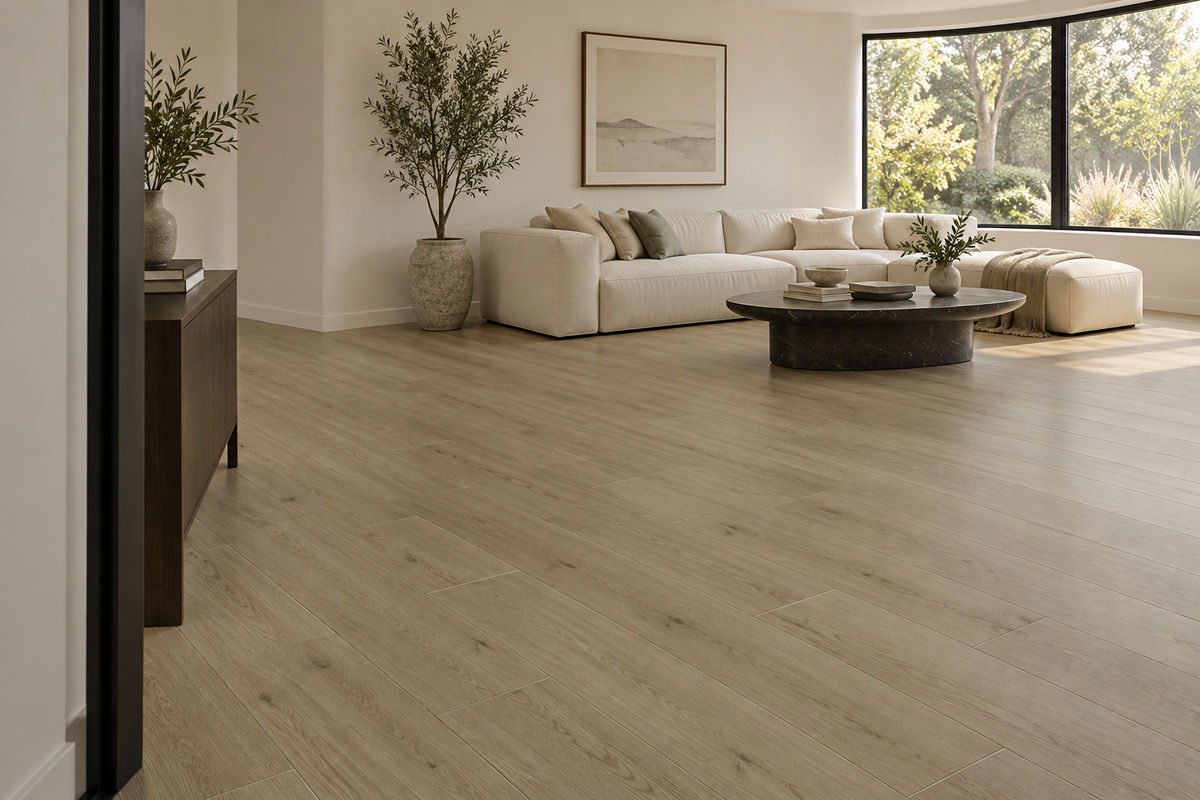 Whistler Pine Loose Lay Vinyl Flooring — TFL625 — daytime living room. AI interior visualization based on original supplier finish photos.