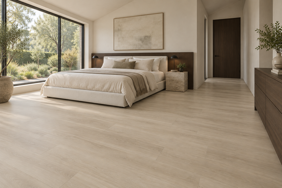 Hudson Sand Loose Lay Vinyl Flooring — TFL628 — daytime bedroom. AI interior visualization based on original supplier finish photos.