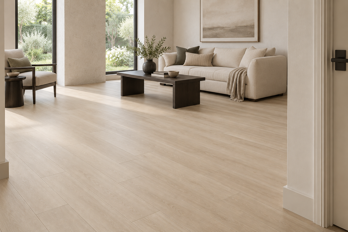 Hudson Sand Loose Lay Vinyl Flooring — TFL628 — daytime living room. AI interior visualization based on original supplier finish photos.