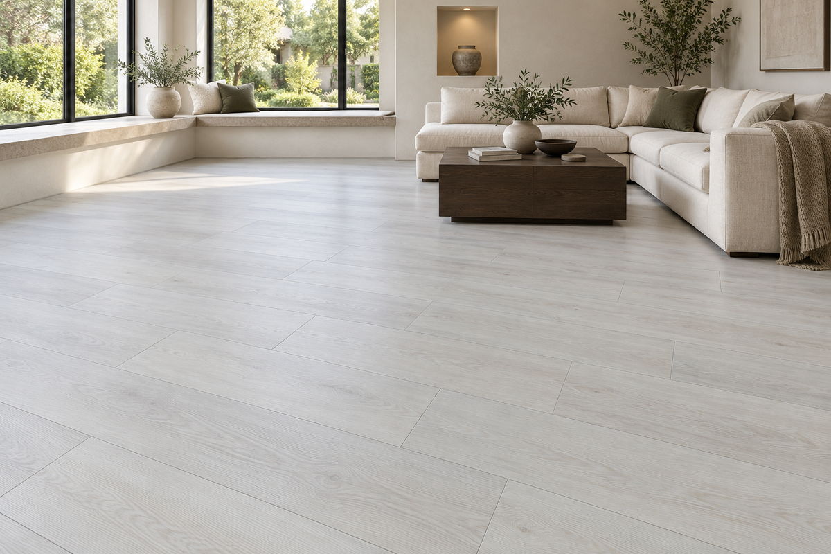 New Tusk SPC Vinyl Flooring — TFSPC262-F — daytime living room. AI interior visualization based on original supplier finish photos.
