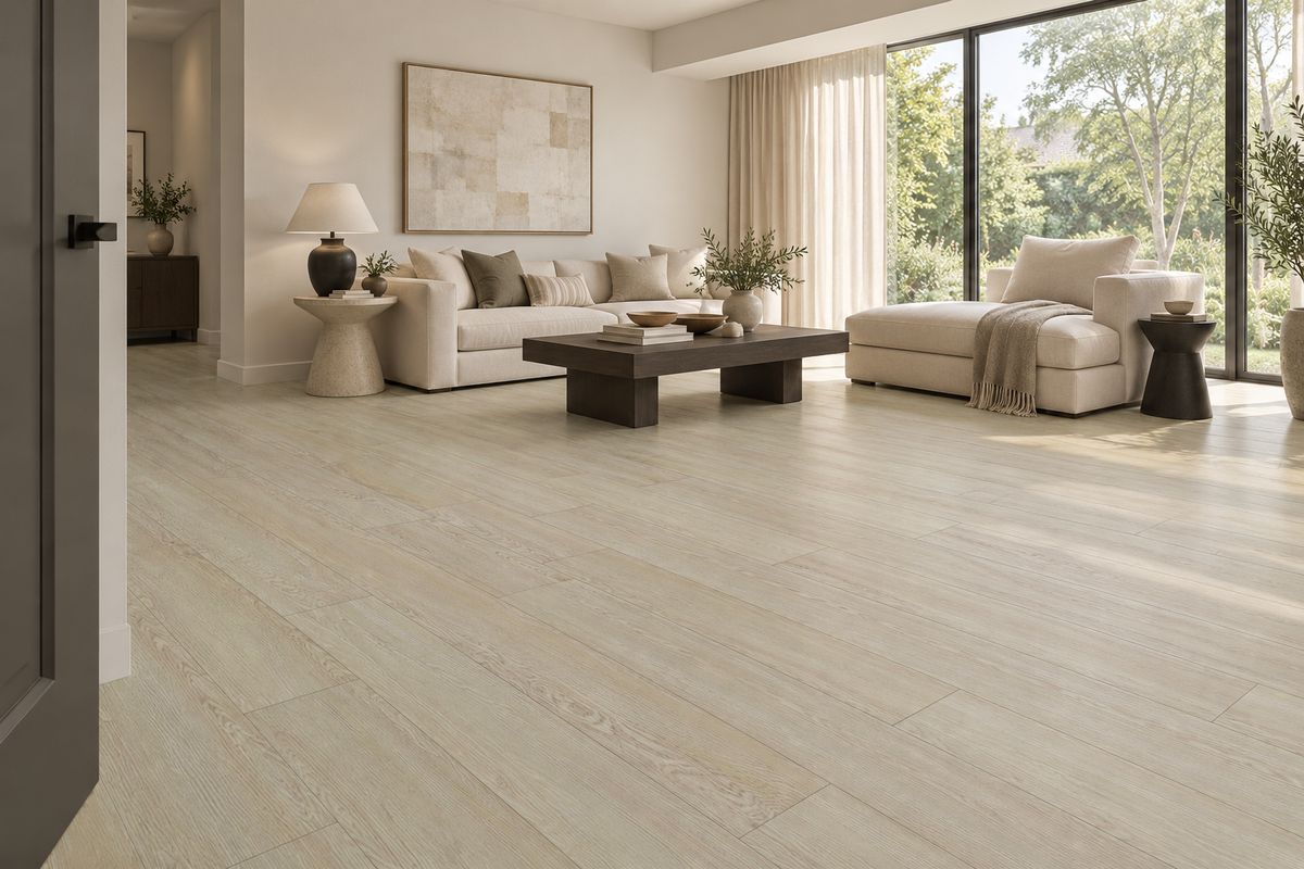 Barley SPC Vinyl Flooring — TFSPC263-F — daytime living room. AI interior visualization based on original supplier finish photos.