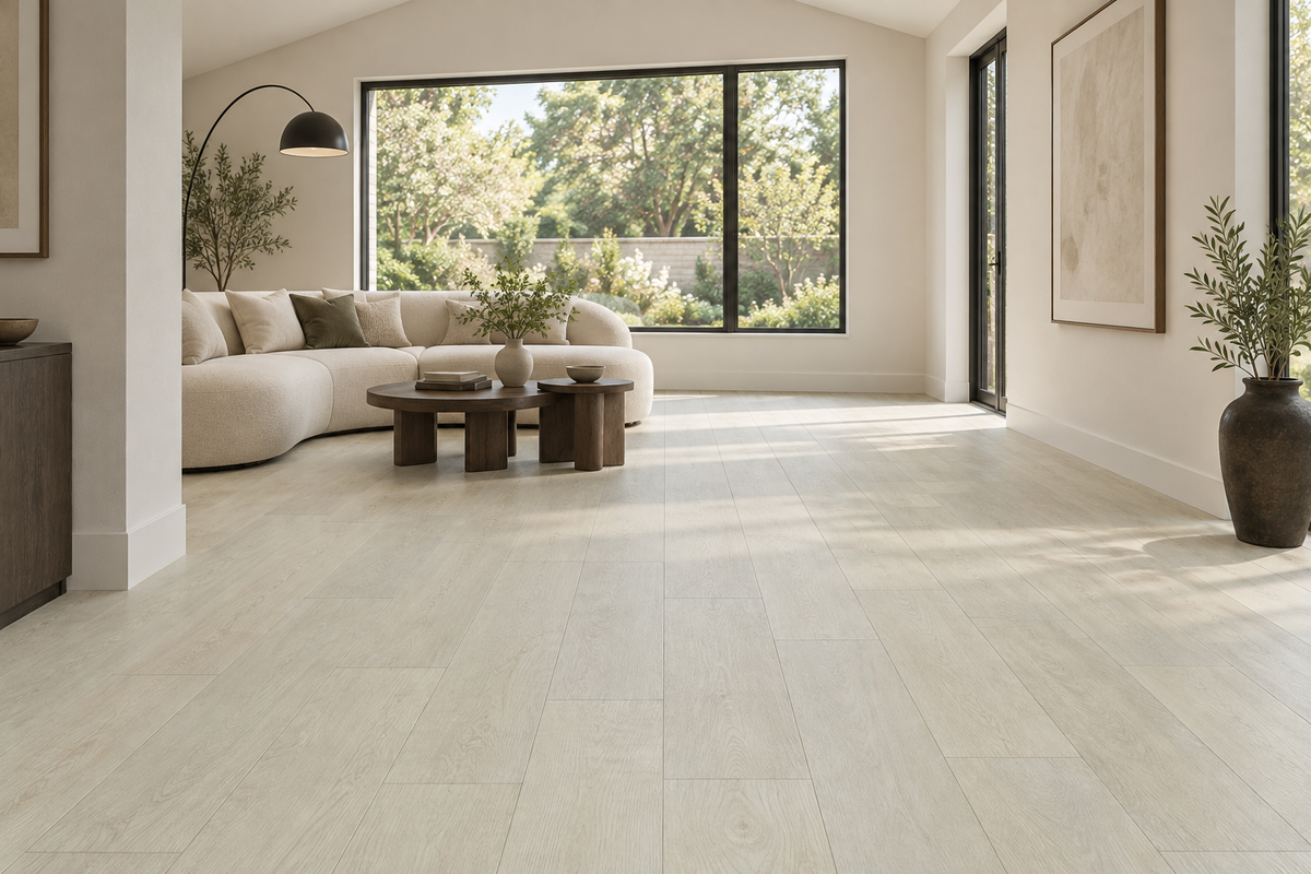 Fennel SPC Vinyl Flooring — TFSPC264-F — daytime living room. AI interior visualization based on original supplier finish photos.