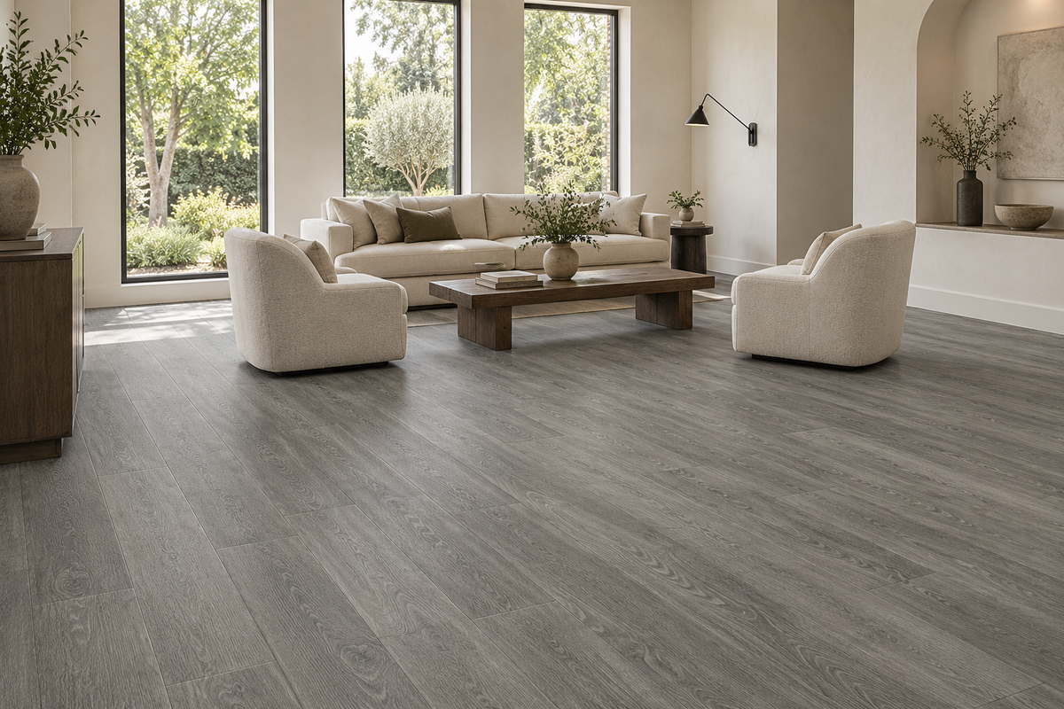 Patio Shade SPC Vinyl Flooring — TFSPC503-F — daytime living room. AI interior visualization based on original supplier finish photos.