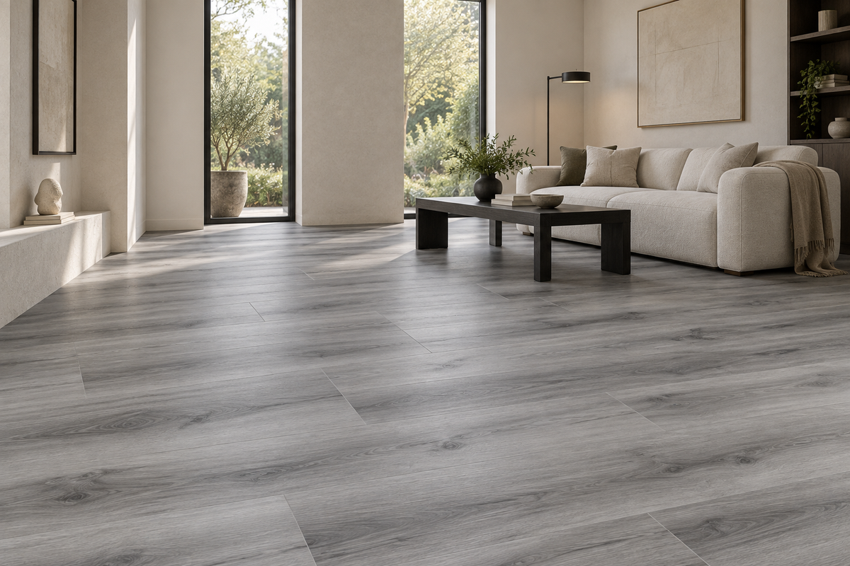 Monolith SPC Vinyl Flooring — TFSPC504-F — daytime living room. AI interior visualization based on original supplier finish photos.