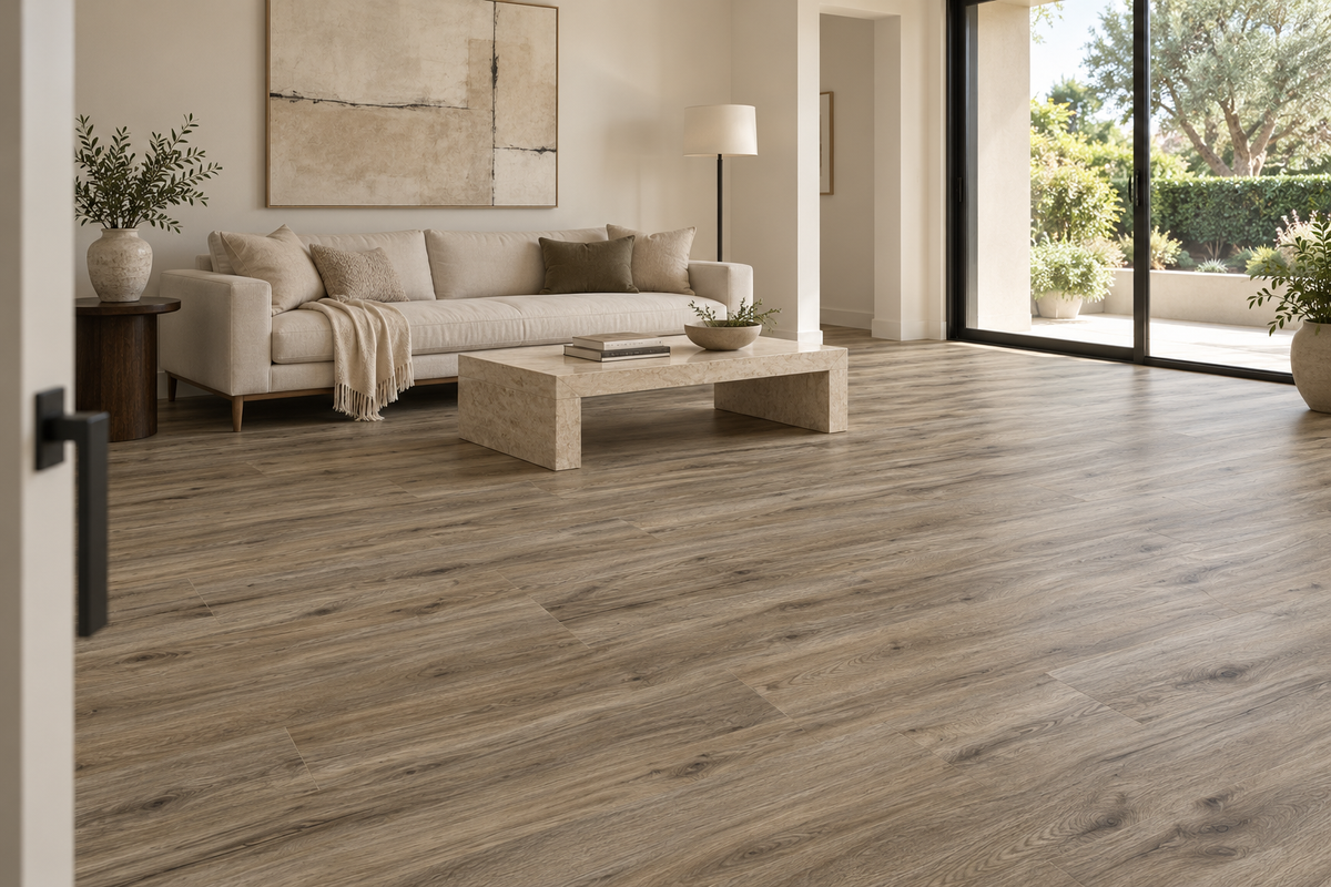 Treehouse SPC Vinyl Flooring — TFSPC505-F — daytime living room. AI interior visualization based on original supplier finish photos.