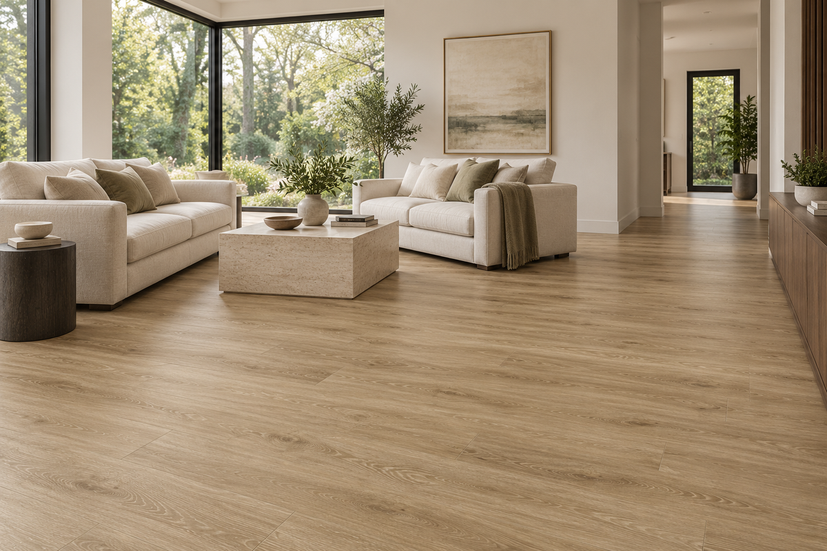 Fawn SPC Vinyl Flooring — TFSPC506-F — daytime living room. AI interior visualization based on original supplier finish photos.