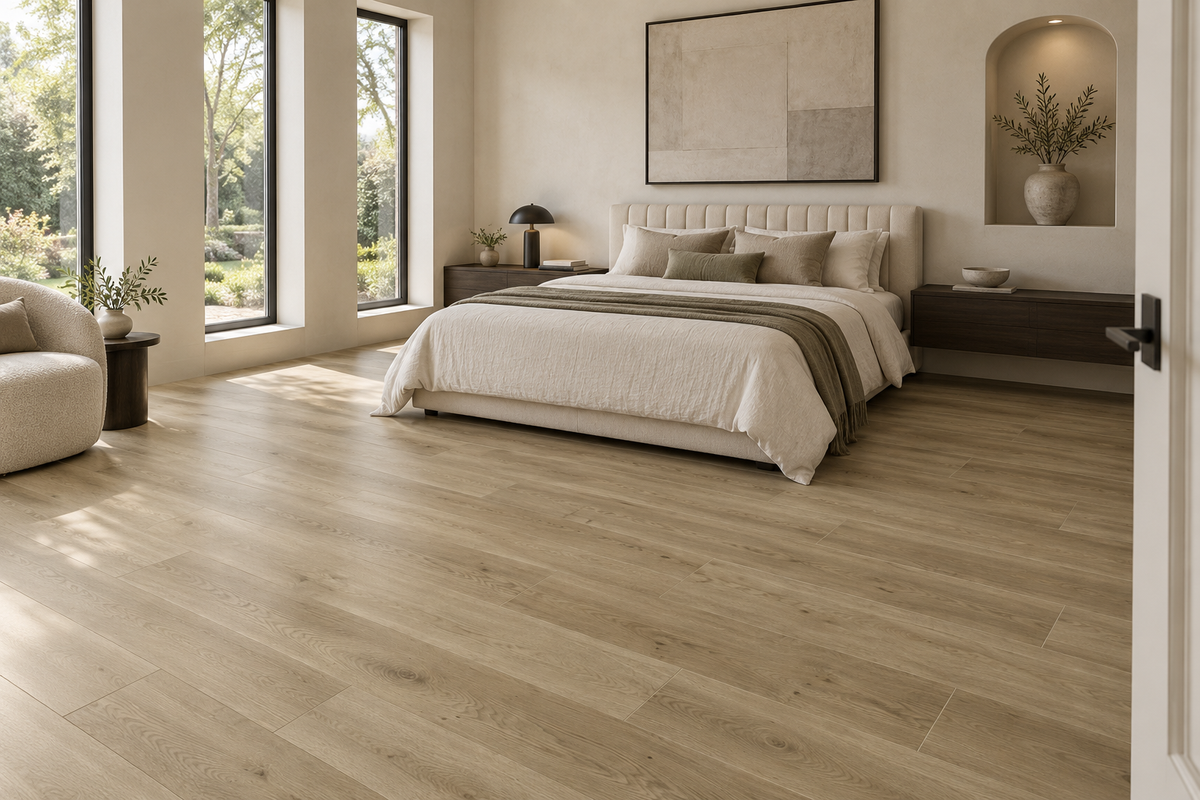 Safari Clay SPC Vinyl Flooring — TFSPC509-F — daytime bedroom. AI interior visualization based on original supplier finish photos.