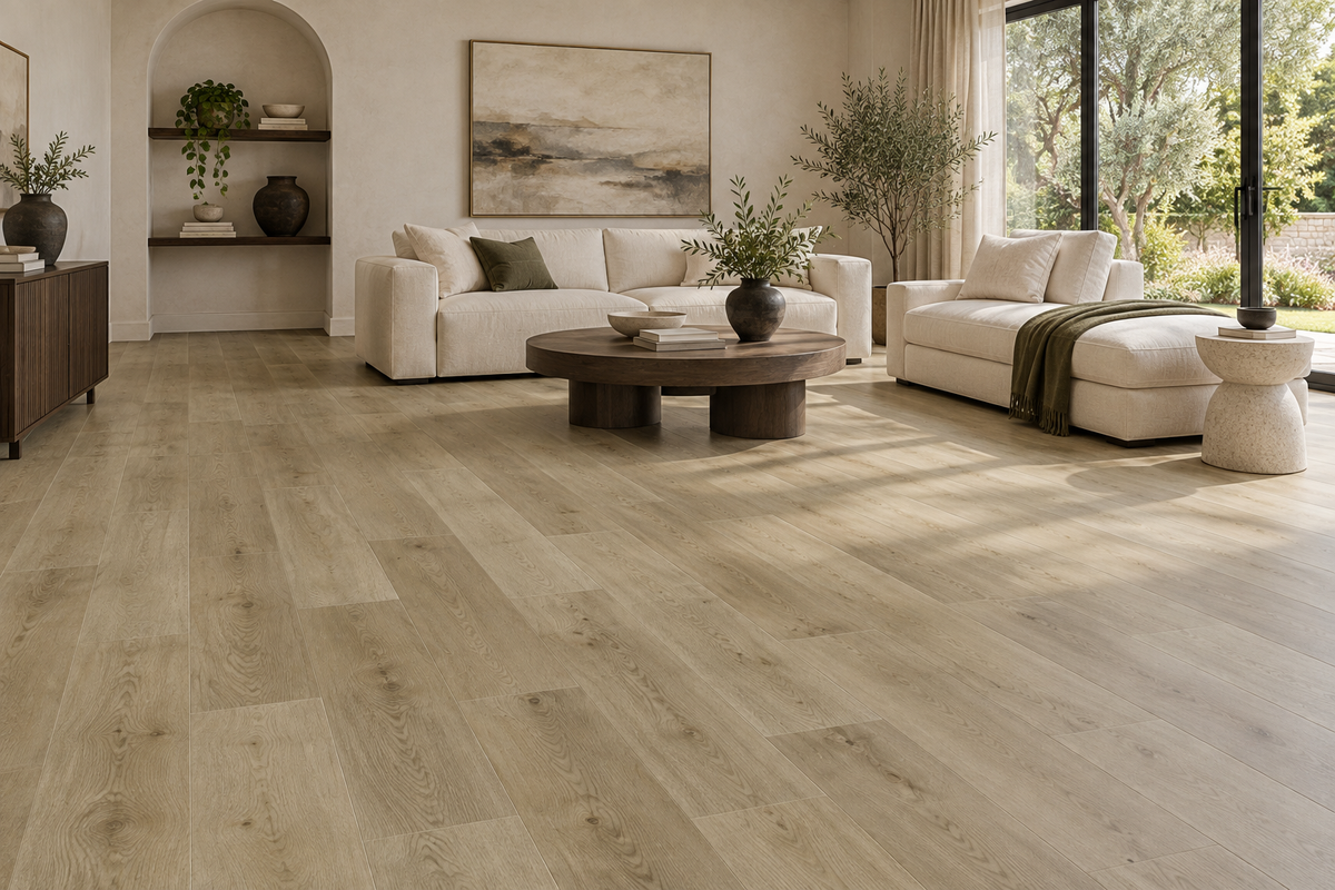 Safari Clay SPC Vinyl Flooring — TFSPC509-F — daytime living room. AI interior visualization based on original supplier finish photos.