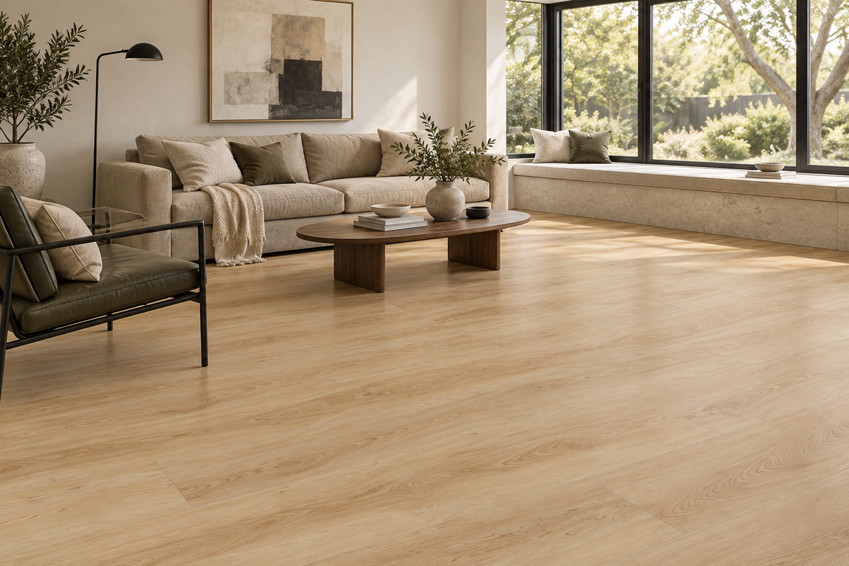 Golden Hour SPC Vinyl Flooring — TFSPC511-F — daytime living room. AI interior visualization based on original supplier finish photos.