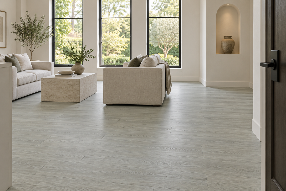 Venice SPC Vinyl Flooring — TFSPC606-F — daytime living room. AI interior visualization based on original supplier finish photos.