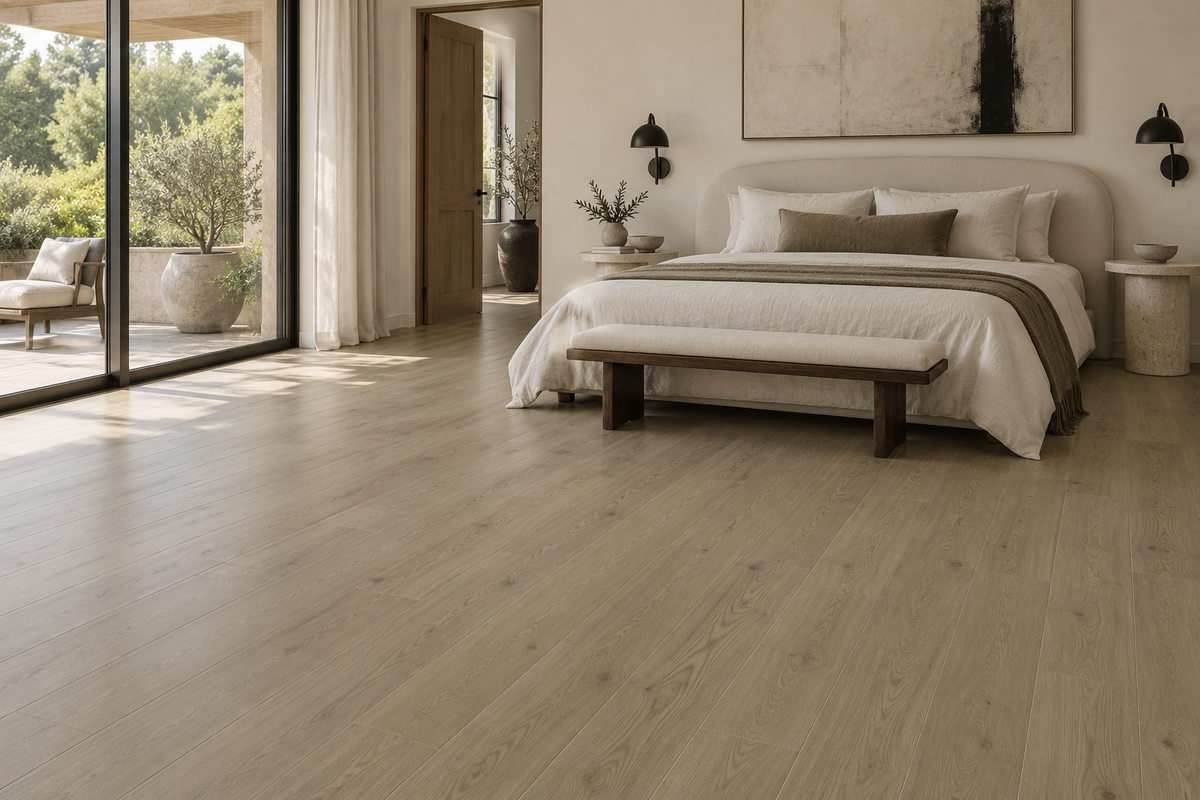 Istanbul SPC Vinyl Flooring — TFSPC608-F — daytime bedroom. AI interior visualization based on original supplier finish photos.