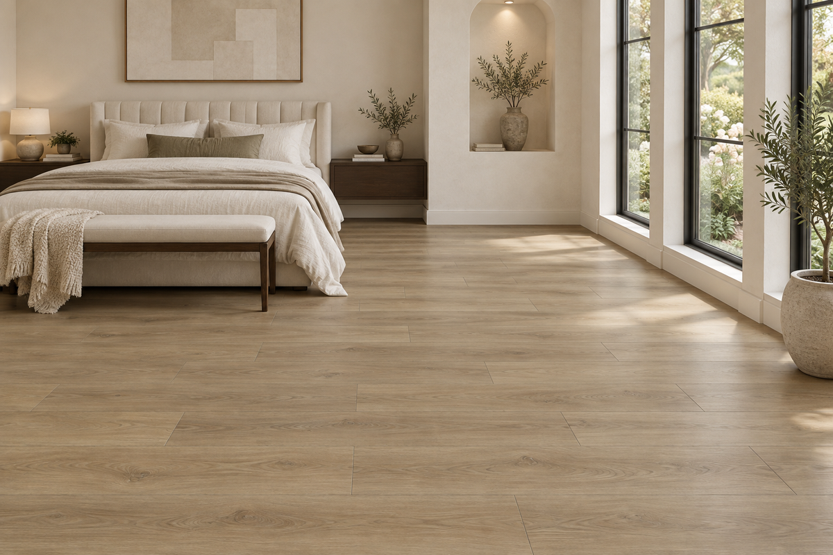 Maple Dusk SPC Vinyl Flooring — TFSPC8604-F — daytime bedroom. AI interior visualization based on original supplier finish photos.