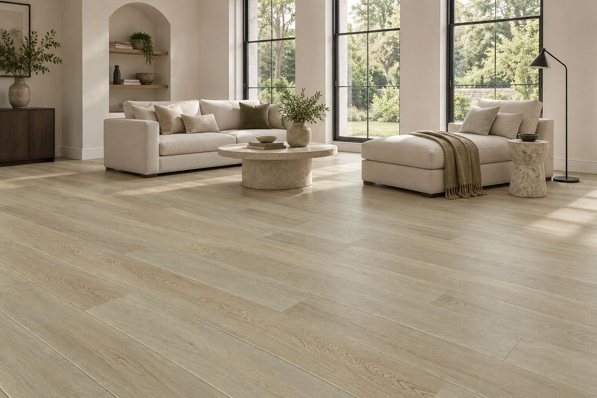 Century Oak SPC Vinyl Flooring — TFSPC910-F — daytime living room. AI interior visualization based on original supplier finish photos.