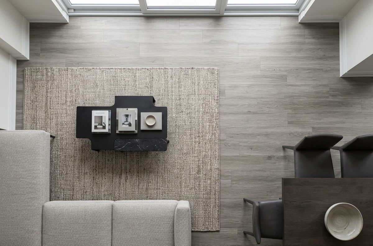 Mink SPC vinyl flooring, overhead view of a seating area beside a dining table.