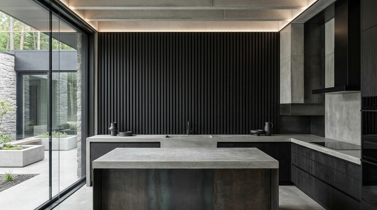 Night wood slat acoustic panels shown behind a kitchen island.