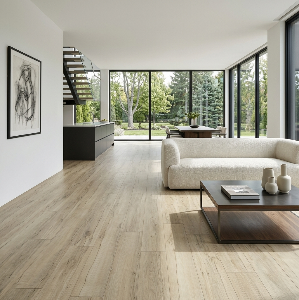 Maple Nature SPC vinyl flooring, shown in a living room with a white sofa and garden windows.