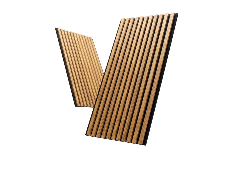 Vintage walnut-finish wood slat acoustic panels, angled product view.