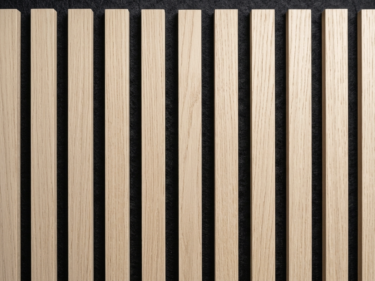 Classic wood slat acoustic panels, close-up of the grain and dark gaps between slats.