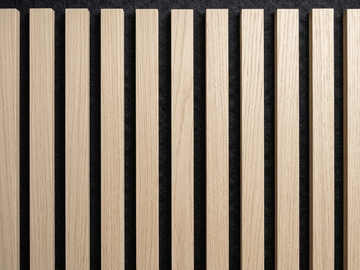 Classic wood slat acoustic panels, close-up of the grain and dark gaps between slats.
