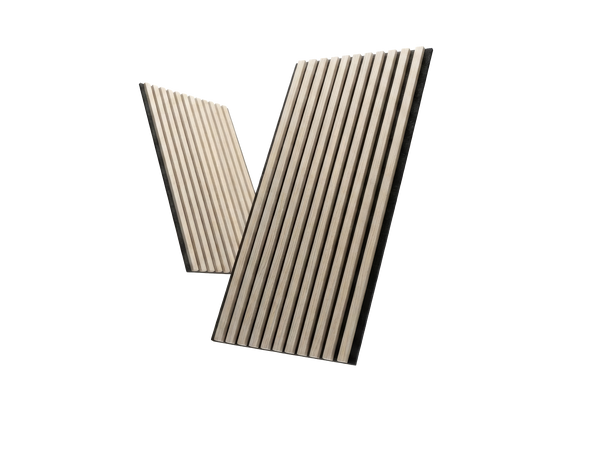 Classic natural-finish wood slat acoustic panels, angled product view.