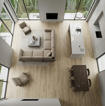 Maple Nature SPC vinyl flooring, overhead view of an open living, dining and kitchen area.