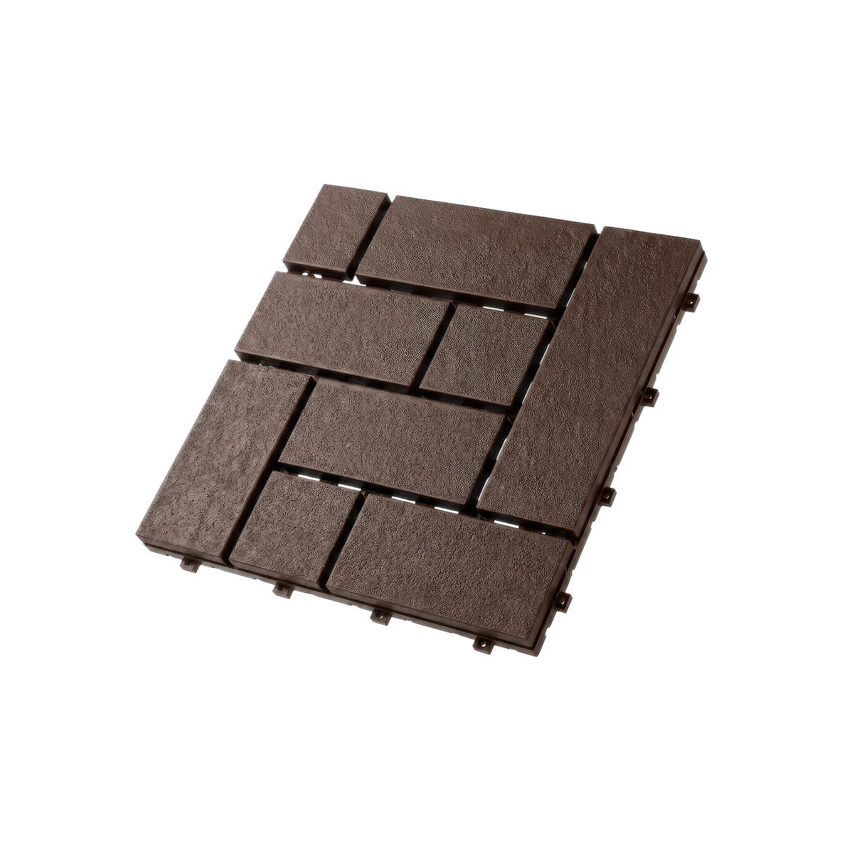 Brown interlocking composite deck tile, angled product view.
