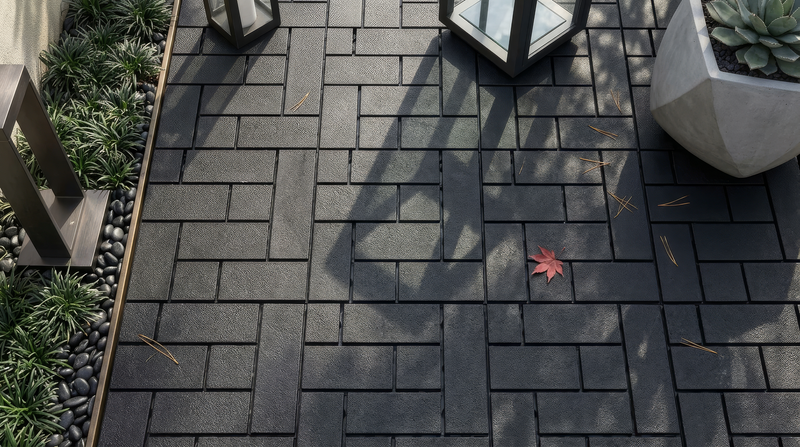 Black interlocking composite deck tiles shown beside outdoor planters and lanterns.