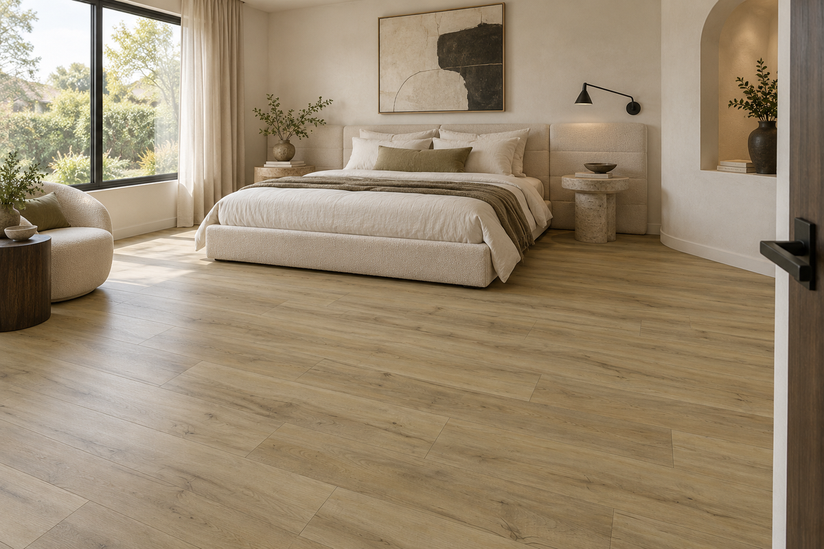 Ceaser Waterproof SPC Vinyl Plank Flooring — TFSPC127p-F — daytime bedroom. AI interior visualization based on original supplier finish photos.